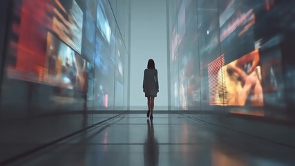 Woman walks in futuristic corridor with screens displaying data and information, navigating through the digital landscape. - Powered by Adobe