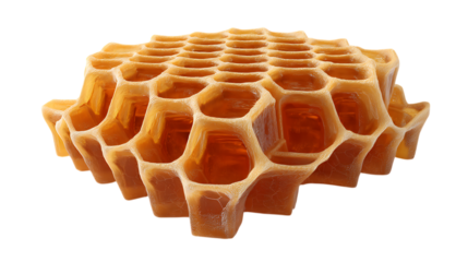 Golden honeycomb cells filled with honey isolated on white or transparent png
