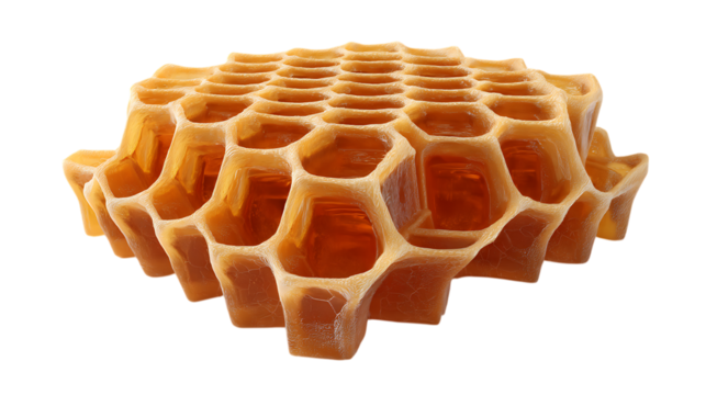 Golden honeycomb cells filled with honey isolated on white or transparent png