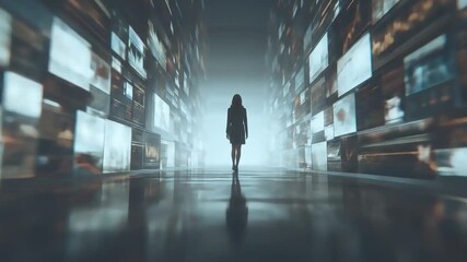 Woman walks into a futuristic data center filled with digital screens displaying financial charts and information. - Powered by Adobe