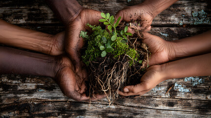 Nurturing New Life: Four hands gently cradle a young plant, its roots exposed, symbolizing growth, care, and the interconnectedness of life.