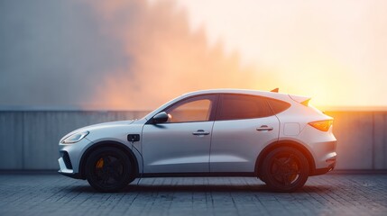 Obraz premium Silver electric SUV vehicle plugged in for charging parked outdoors during golden hour with sunflare