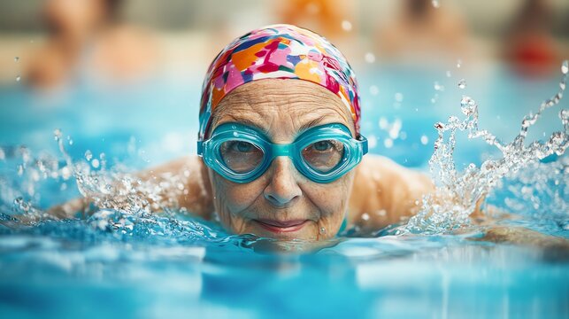 An elderly woman enjoys swimming in the pool.