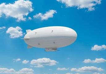 White airship blimp floating in blue sky with clouds concept
