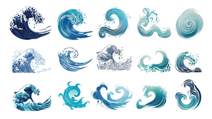 Collection of fifteen stylized ocean wave illustrations in varying shades of blue and turquoise