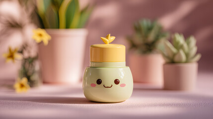 Cute Cosmetics Jar: A cheerful and adorable cosmetics jar with a whimsical design, sitting among potted plants, evoking feelings of care and well-being.