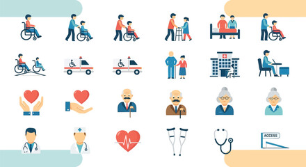 Fototapeta premium Healthcare vector icon set showcasing medical assistance and senior care