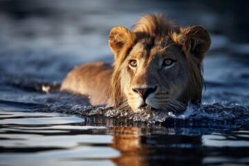 A lion swimming in a river