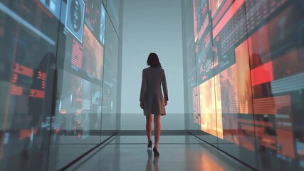 Woman walks through corridor surrounded by data screens, offering business intelligence and future technology concepts. - Powered by Adobe