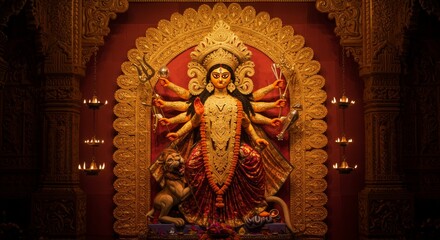 Temple backdrop with Goddess Durga’s idol decorated with garlands, glowing warm gradient from gold to red