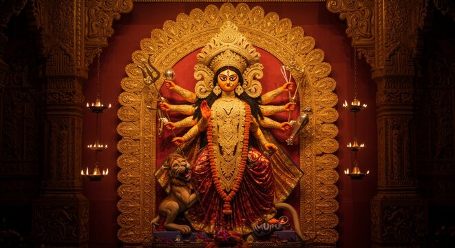 Temple backdrop with Goddess Durga’s idol decorated with garlands, glowing warm gradient from gold to red