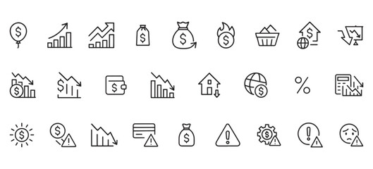 Inflation & Economic Instability Line Icons – Financial Crisis, Market Crash, Rising Costs, Recession Symbols
