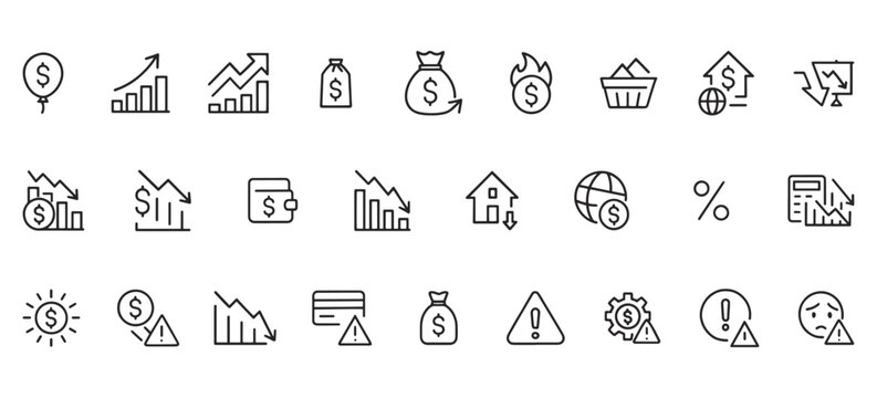 Inflation & Economic Instability Line Icons &ndash; Financial Crisis, Market Crash, Rising Costs, Recession Symbols