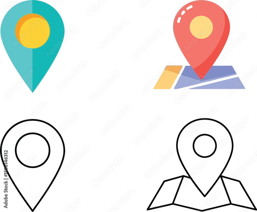 Fototapete location pin icons display colorful and outline versions for maps and travel