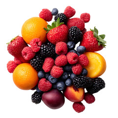 Obraz premium Fruit variety collection includes raspberries, blackberries, orange, blueberries, avocado, strawberry, apple, and lemon. isolated on white background or transparent background png cut out 55020784 1