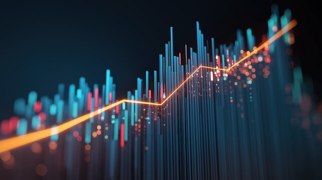 Financial Growth Data Visualization: Upward Trend Graph with Dual Bar Charts on Abstract Blue Background for Business Analytics