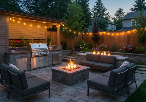 Luxurious Outdoor Patio with Fire Pit and String Lights for Evening Entertainment