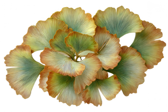 A cluster of ginkgo leaves with green and brown hues isolated on transparent background