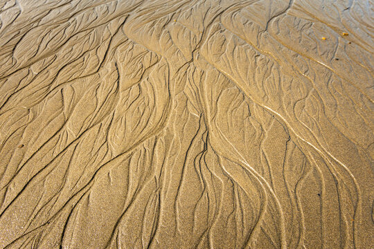 Beach, wet sand and the patterns made by waves or water.  sand pattern