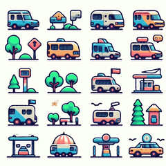 Fototapeta premium This vector cartoon set features various transportation icons, including cars, trucks, buses, taxis, police vans, trains, and boats, perfect for illustrating road travel and traffic symbols