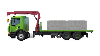 3D render of a green semi-truck with a 20-ton mounted red crane carrying two 200cm x 200cm x 120cm concrete box culverts, against a white set, illustrating heavy construction material transport
