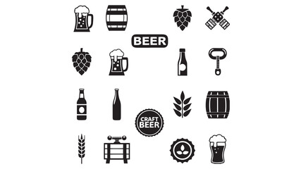 A set of black and white icons including a beer mug, a beer can, a beer glass
