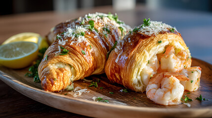 Shrimp and Croissant Culinary Delight: A stunning close-up showcases a delicious, warm croissant, artistically presented with succulent shrimp filling, zesty lemon, and subtle herb garnishes.