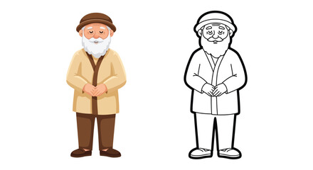 Wise Kind Grandfather Character Coloring Page Featuring Full Color and Sketch Outline Art