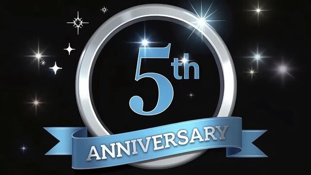 5th Anniversary Emblem with Silver Ring &ndash; Blue and White Graphic on Starry Background for Commemorative Celebration Visuals
