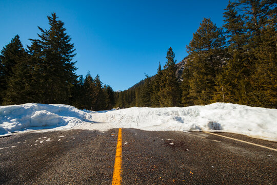 Snow blocking highway 20 in the North Cascades in winter.