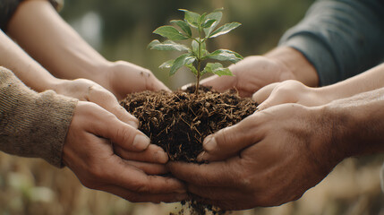 Growing Future Together: A close-up shot of diverse hands cradling a seedling in soil, symbolizing the shared effort of nurturing new life and environmental responsibility. A striking image