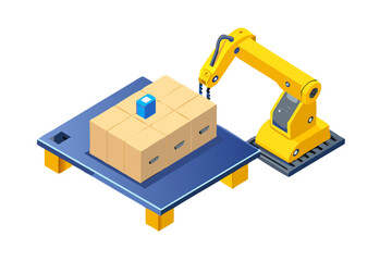 Fototapeta premium Industrial robotic arm assembling boxes on a platform with a blue cube on top isolated on transparent background isolated on white background