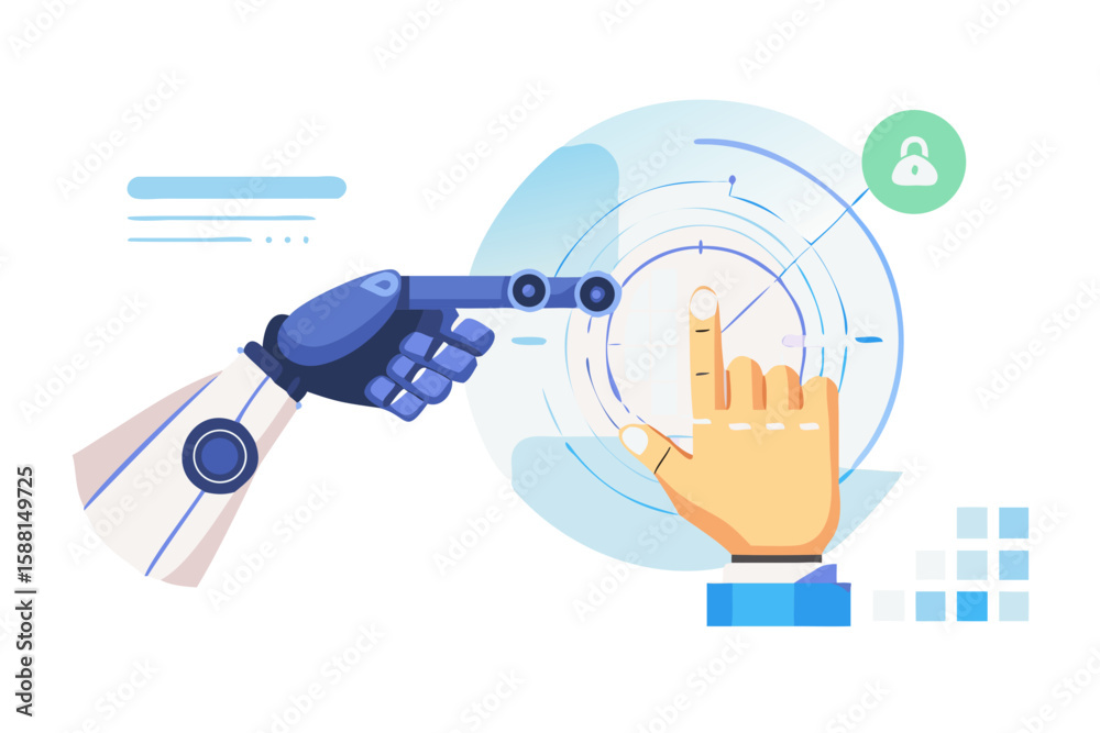 Poster robot and human hands interacting with futuristic interface for security and data analysis isolated 