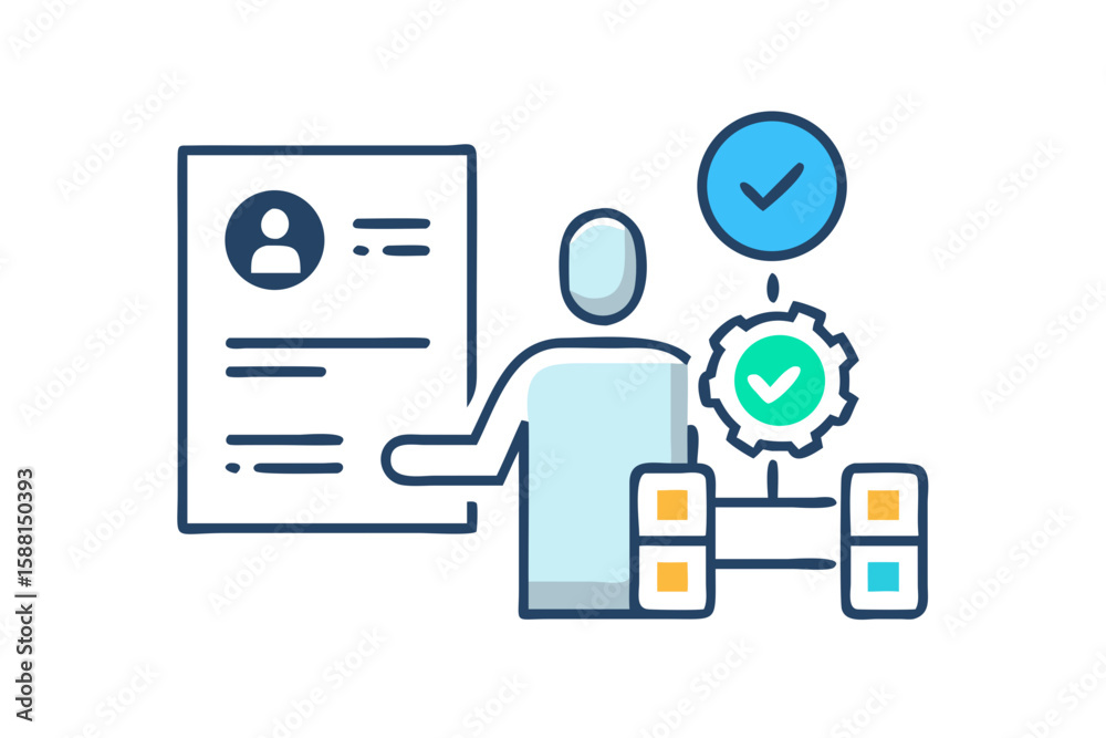 Poster person with resume and workflow process with checkmarks isolated on transparent background isolated 