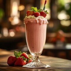 A rich milkshake glistens in the soft sunlight, adorned with strawberries and mint leaves on the rim