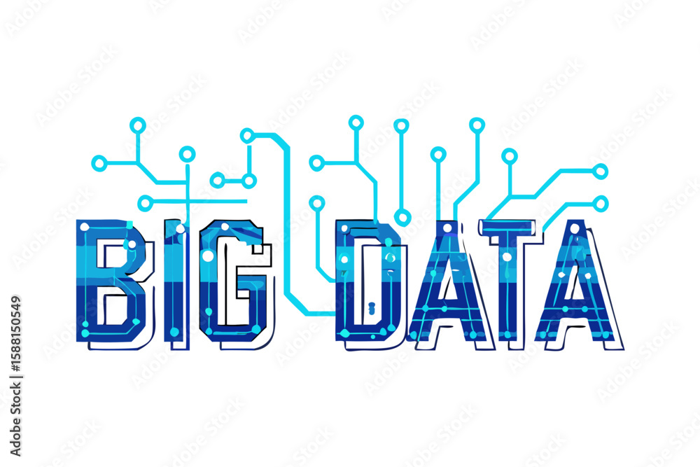 Fototapete big data text with blue circuit board lines and nodes isolated on transparent background isolated on