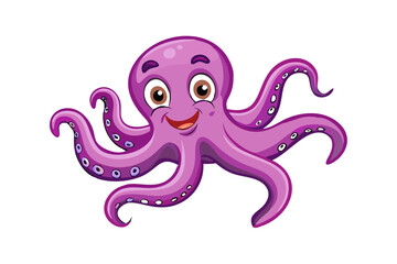 Friendly purple cartoon octopus with a happy expression isolated on transparent background isolated on white background