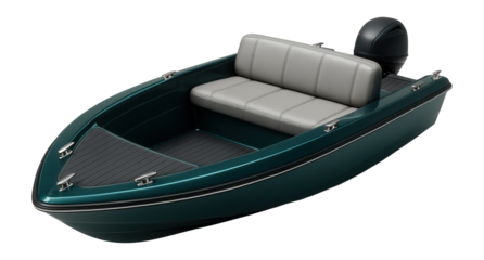 Teal plastic motorboat with a compact design and rear bench seating