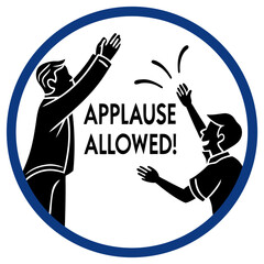 Silhouettes of two people greeting with applause and text "Applause Allowed!" in a circular blue sign