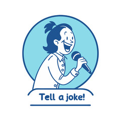 Cartoon character of a cheerful man with a microphone and "Tell a joke!" text in a blue circular icon