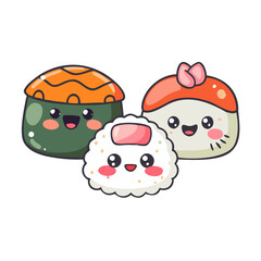 Obraz premium Three cute sushi characters with facial expressions icon