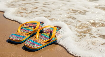 Colorful Flip Flops Relaxing on the Beach Shoreline Enjoying the Sun and Foamy Waves