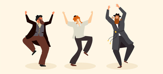 Jewish people dancing Hasidic dance celebrating Sukkot and Simchat Torah orthodox Jewish holidays. People dressed in traditional Jewish clothes.