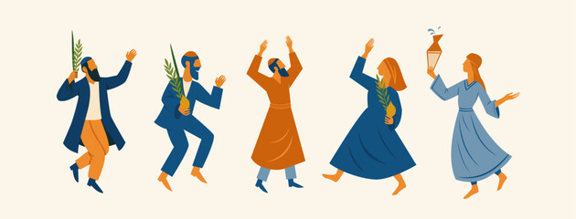 Jewish people dancing Hasidic dance celebrating Sukkot and Simchat Beit HaShoeivah orthodox Jewish holidays. People dressed in traditional Jewish clothes holding four species of Sukkot, Etrog, Lulav, 