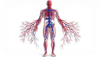 Human Anatomy Model with Circulatory System on White Background for Educational Use