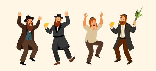 Jewish people dancing Hasidic dance celebrating Sukkot and Simchat Beit HaShoeivah orthodox Jewish holidays. People dressed in traditional Jewish clothes holding four species of Sukkot, Etrog, Lulav, 