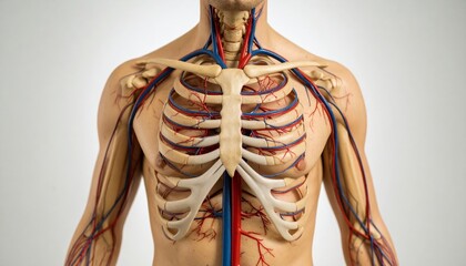 Anatomical Model of Human Torso Showing Skeleton, Ribs, and Blood Vessels on White Background