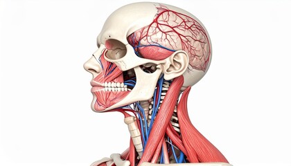 Human Anatomy Model with Detailed Muscles and Vessels on White Background