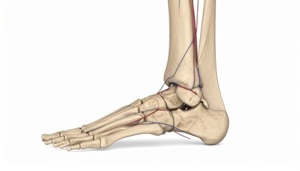 Anatomical Model of Human Ankle with Tendons and Vessels on White Background