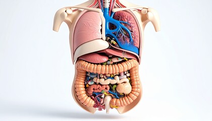 Anatomical Model of Human Digestive and Respiratory Systems on White Background